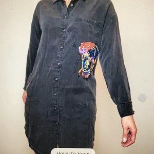 Zara Oversize Black Denim Shirt Dress with Sequin Face Accent